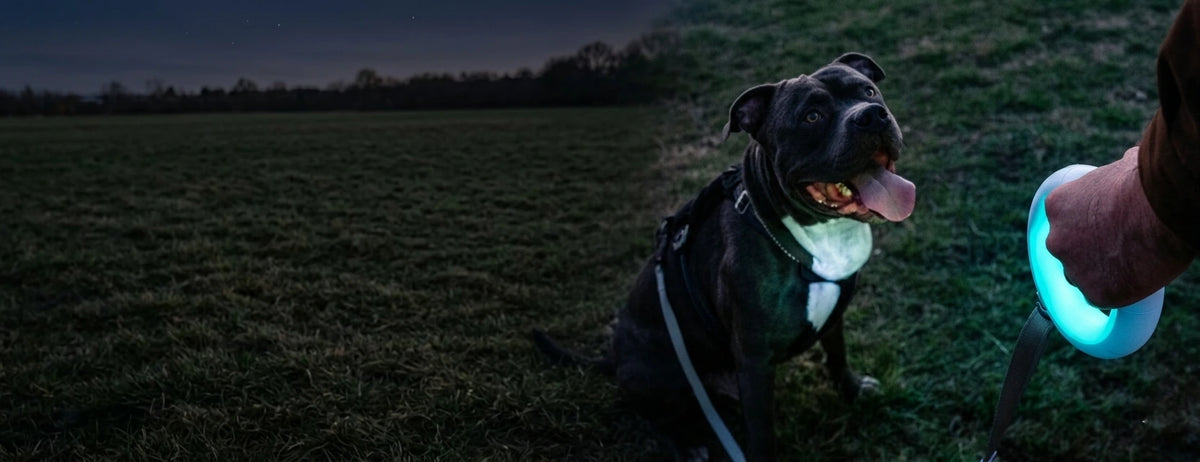 Grey pitbull dog sitting in a field at night with a glowing LED dog leash