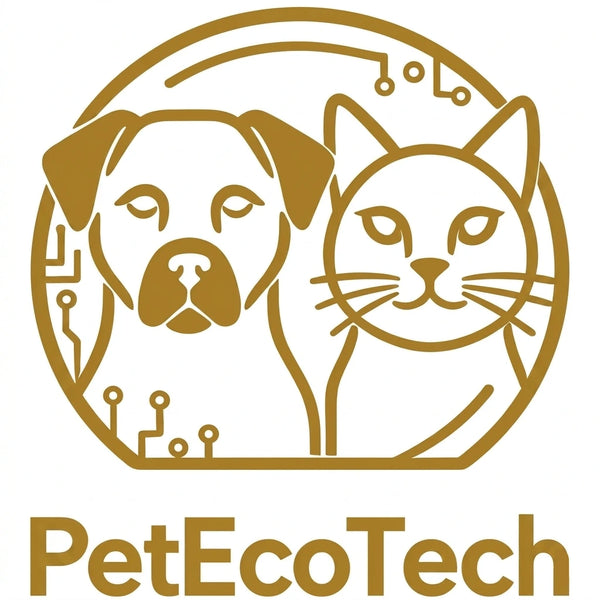 Logo for PetEcoTech featuring stylized gold outlines of a dog and a cat within a circular circuit design.